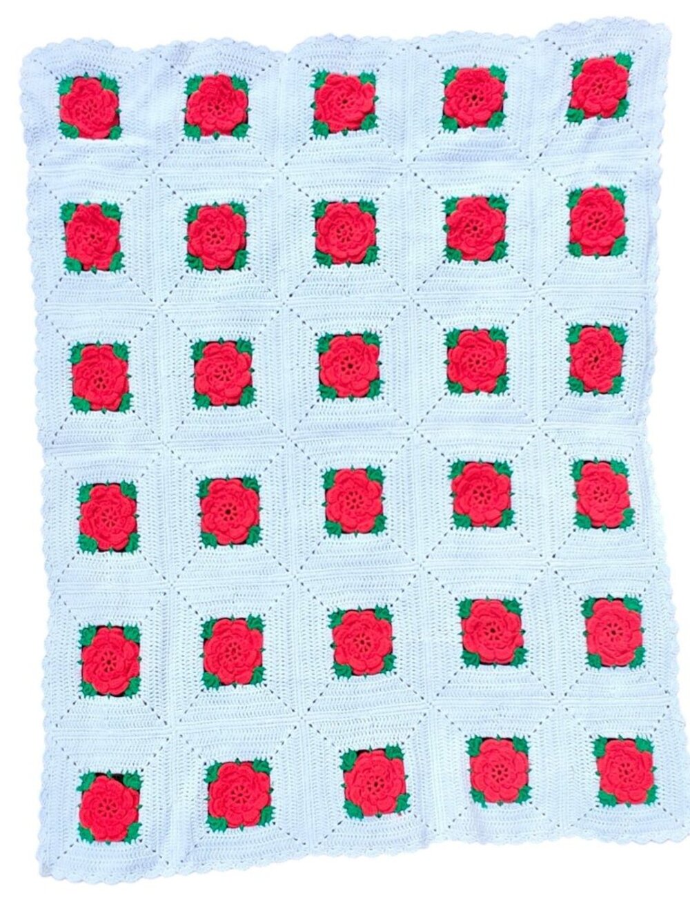 Vintage Crochet Blanket White Red Floral Granny Squares Acrylic Handmade 58"x46"